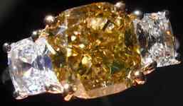 SOLD....Three Stone Diamond Ring: 2.51ct Yellow Brown Cushion Diamond GIA Peach CUSHION SIdes R2635