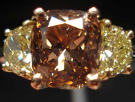 SOLD....Three Stone Diamond Ring: 1.76ct Fancy Orange-Brown Cushion Fancy Yellow Half Moon Diamond Ring R2648