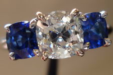 SOLD....Three Stone Diamond and Sapphire Ring: 1.17ct Old Mine Brilliant Diamond GIA Rich color Custom made platinum ring R2864