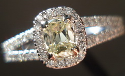 SOLD....Halo Diamond Ring: .30 Faint Yellow Daussi Cushion in elaborate dainty setting R3144