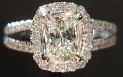 SOLD.....Halo Diamond Ring: .67ct Daussi Cushion Split Shank Halo Ring 18kt R3148