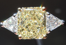 SOLD...Three Stone Diamond Ring: 2.07ct Radiant Cut Fancy Light Yellow VS2 GIA Step Cut Trill Lookalikes R3963