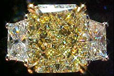 SOLD...Three Stone Diamond Ring- GIA 3.04ct Radiant Cut Yellow Diamond Ring w/Trapezoids R560 