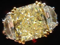 SOLD....Three Stone Ring: GIA 4.18ct Radiant Cut Yellow Diamond Hand-Engaved Plat Ring R1252