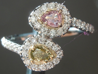 SOLD...Diamond Ring: .23cts Natural Pink and Green Pear Shape Diamond Halo Bypass Ring GIA R6742