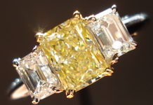 SOLD....Three Stone Diamond Ring: 1.18ct Radiant Cut Fancy Lt Yellow Sam Spade emerald cut side R1419